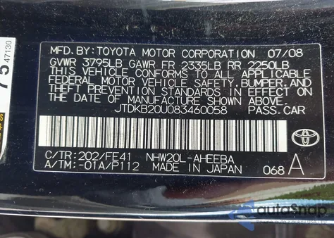 2008 Toyota Prius z USA, uszkodzony, nr VIN JTDKB20U083460058
